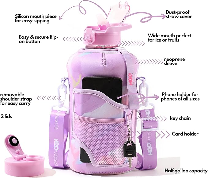 H2O Capsule 2.2L Half Gallon Water Bottle with Storage Sleeve and Removable Straw – BPA Free Large Reusable Drink Container with Handle - Big Sports Jug, 2.2 Liter (74 Ounce), Purple Tie Dye