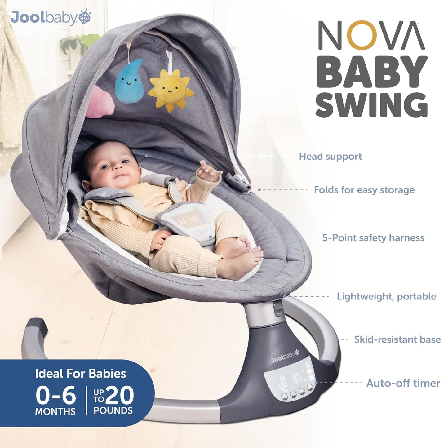 Jool Baby Nova Swing for Newborns - Electric Motorized Infant Swing, Bluetooth Music, 10 Preset Melodies, Remote (Updated Model, Gray)