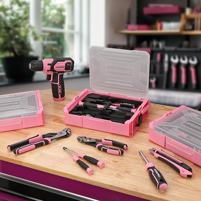 WORKPRO Pink Cordless Drill Driver with Toolbox, 8V Lithium-ion Power Drill and Bits, 2.0 Ah Portable Electric Screwdriver Home Tool Set with Stackable Pink Ribbon Tool Box