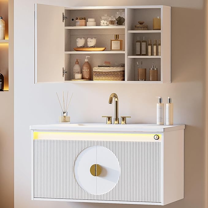 IRONCK Floating Bathroom Vanity with Sink, Mirror Medicine Cabinet, LED Strip Light, 36 Inches Modern Wall Mounted Sink Cabinets & Mirror Cabinets Set with Large Storage Space, White