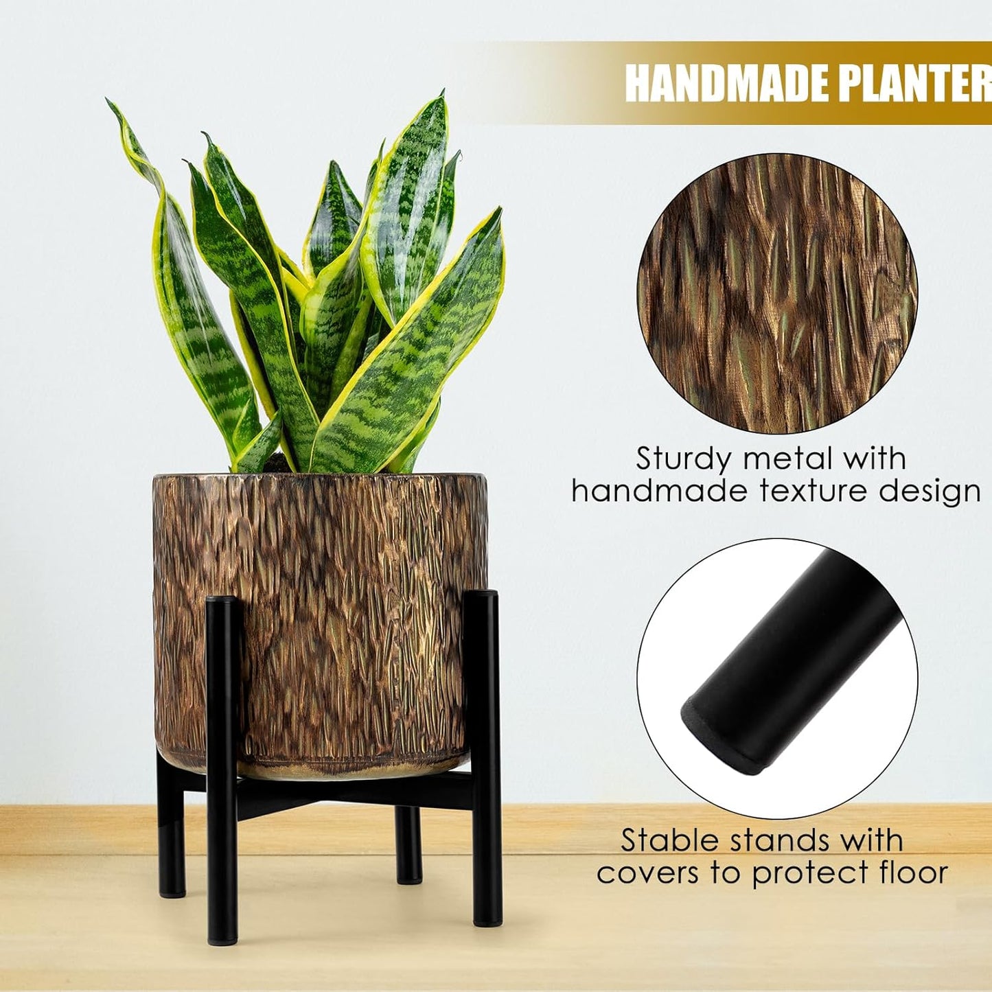 Harvest Land Plant Pots with Stand, Set of 2 Large Modern Planters Metal Tall Handmade Flower Pots with Drainage Holes Indoor Outdoor,Bronze