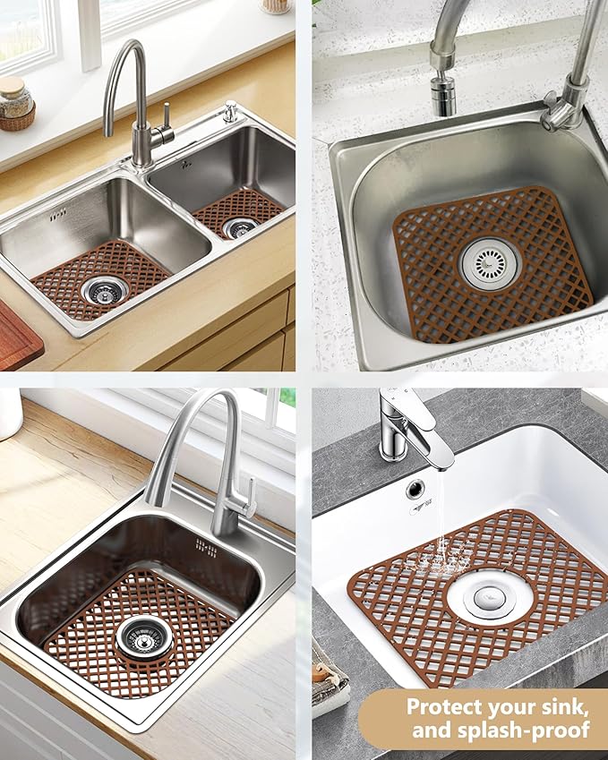 2 Pack Silicone Sink Protector for Kitchen Sink, Lozenge Pattern 12 x 11" Sink Grid Mat Silicone Protectors, Center Drain, Coffee