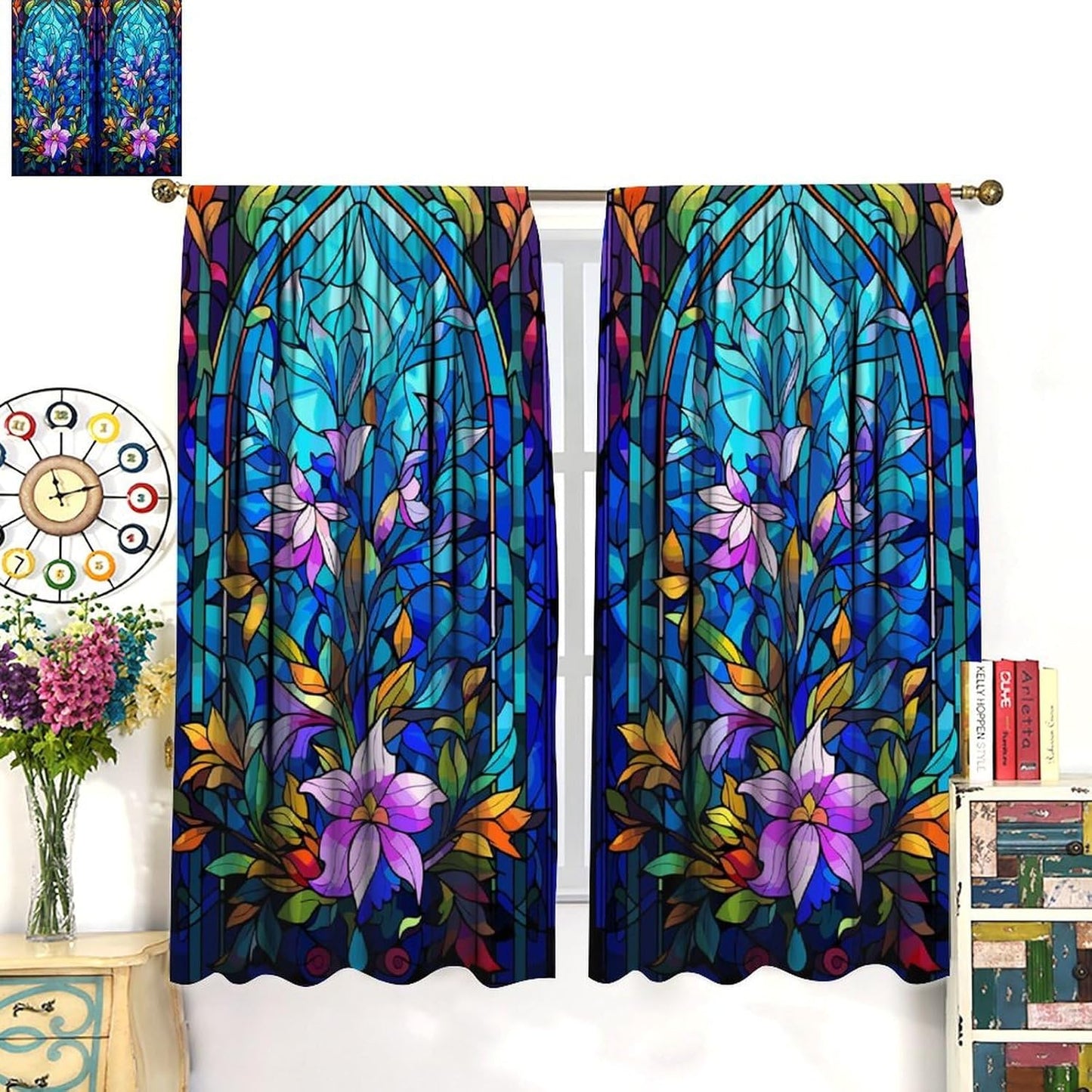 Stained Glass Curtains,Abstract Colorful Floral Geometric Art Home Decor Drapes for Bedroom Living Room Kitchen Window Treatment 2 Panels Set Total Size 42" W X 45" L Inch
