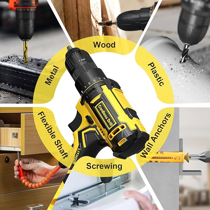 Cordless Drill Set, 20V Power Drill with Power Pack 2.0Ah and Charger, 3/8-Inch Keyless Chuck Electricdrill, 25+1 Torque, 42pcs Drilldriver Bits/Screws for DIY Projects (Yellow)