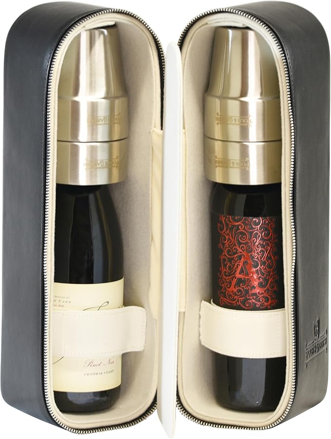 Bourbon Whiskey & Wine Double Bottle Travel Bag with 4 Stainless Steel Double-Walled Vacuum Insulated Glasses - Makes a Great Gift!