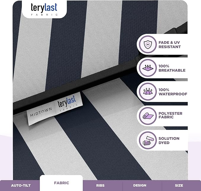 Midtown Umbrellas 10-Year-No-Fade - 10 Ft - UV Proof Navy & White Stripes Fabric - Umbrella Outdoor Patio, Aluminum Frame Large Patio Umbrella for Garden, Pool & Deck - Black Pole