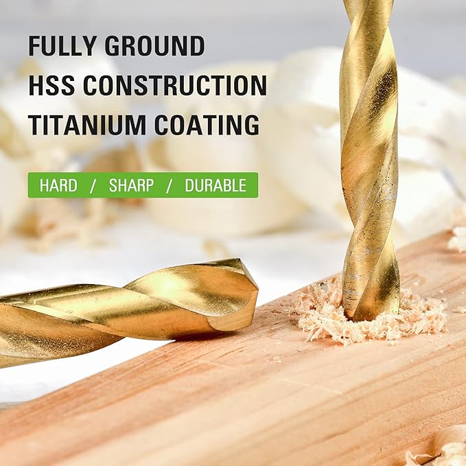 Greenworks 22 PC Titanium Twist Drill Bit Set, 135° Tip High Speed Steel, Ideal Drilling in Wood/Cast Iron/Aluminum Alloy/Plastic/Fiberglass