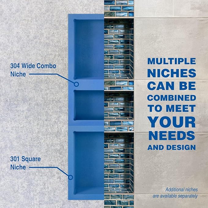 Noble Preformed 301 Square Shower Niche Modern Bathroom Storage Solution with Built-in Shelf Water-Resistant Easy Install Ideal for Toiletries Shampoo Shower Accessories (14 ¼” W x 14 ¼” H)