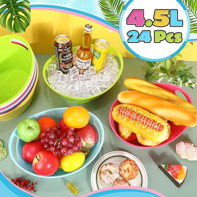 Norme 24 Pcs Oval Storage Tub with Handles, 4.5L Plastic Ice Bucket Wine Beer Champagne Bottle Drink Cooler Tub for Parties Beverage, Storage Basket (Multicolor)