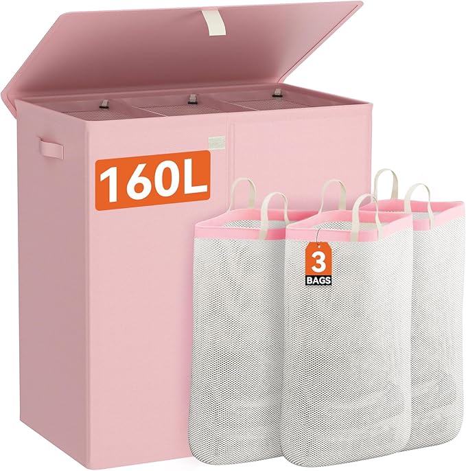 WOWLIVE Laundry Hamper with Lid,160L Large Laundry Basket 3 Section with Removable Washing Bags,Collapsible Waterproof Dirty Clothes Hamper for Laundry Room Bathroom Dorm,Pink