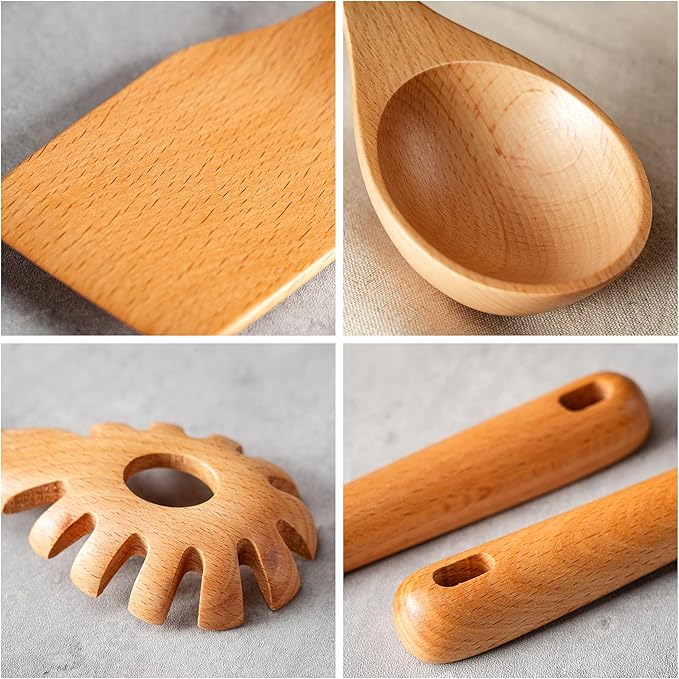 11 PCS WOSPONFAN Kitchen Utensils Set - Wooden Spoons for Cooking, Natural Beech Wood Wooden Utensils - Includes Wooden Spoons, Spatula Set, Slotted Spoon - Handmade Wooden Spoon Set