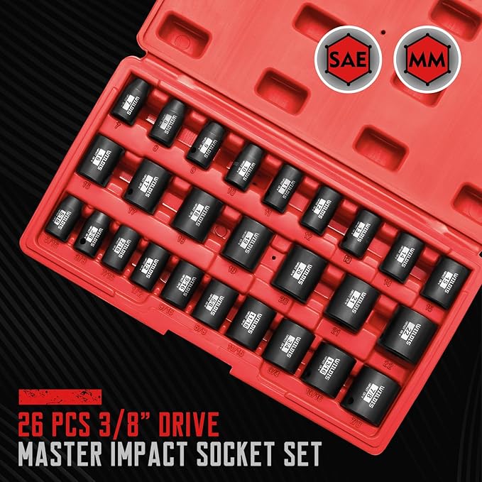 26 PCS 3/8" Drive SAE and Metric Impact Socket Set, SAE 5/16” to 7/8", Metric 7mm to 22mm, Premium Cr-V Steel, 6-Point Hex Designt,Cr-V Steel