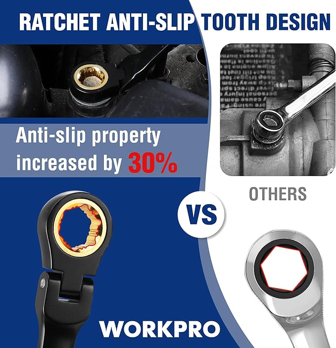 WORKPRO Extra Long Flex-Head Ratcheting Wrench Set, 5-piece Anti-Slip Double Box Wrenches Set, Metric 8-19 mm, 72-Teeth, Cr-V Steel and Black Electrophoretic Coating Wrenches with Rolling Pouch