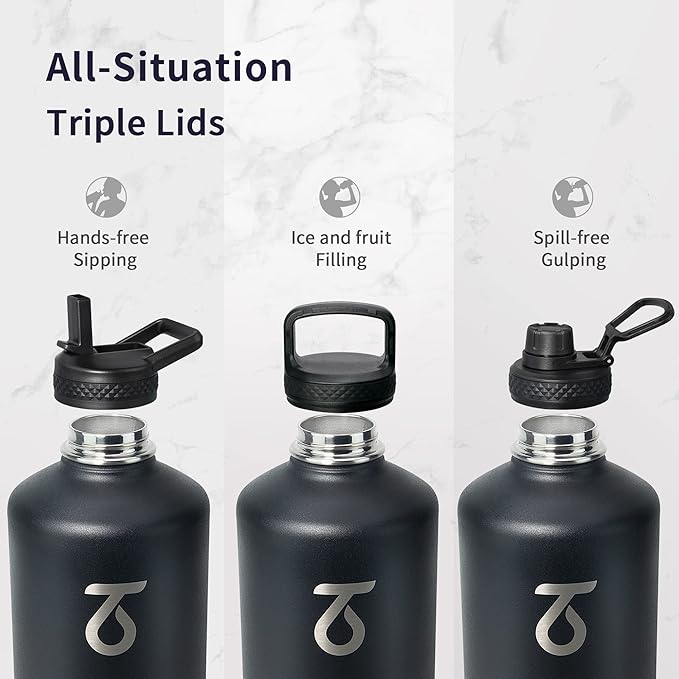 Trebo One Gallon Water Bottle Insulated with Paracord Handle,128oz Food-grade Double Wall Vacuum Stainless Steel Insulated Jug with Straw Spout Handle Lids, Leakproof Keep Cold & Hot,Black