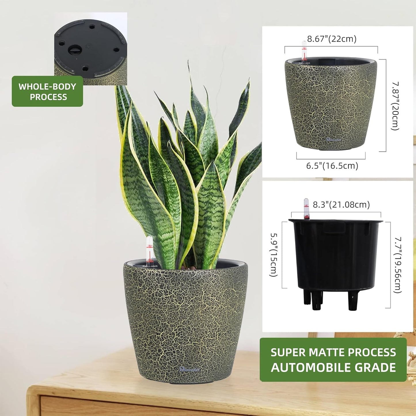 Dexceder 9x8 Inches Self Watering Planter Indoor Outdoor, Inner Pot Design, Thickened Table Flower Plant Pot with Water Level Indicator (Black Gold Crackle)