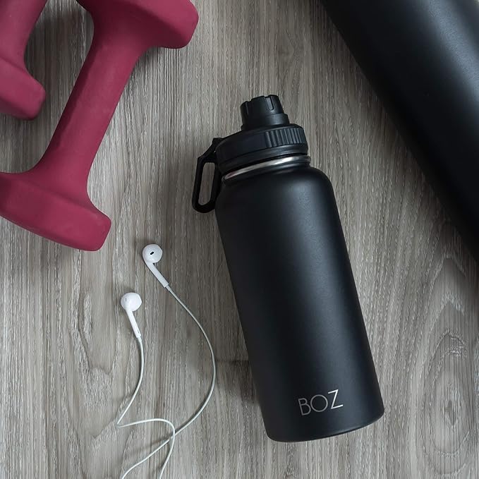 BOZ Stainless Steel Water Bottle XL (1 L / 32oz) Wide Mouth, BPA Free, Vacuum Double Wall Insulated (Matte Black)