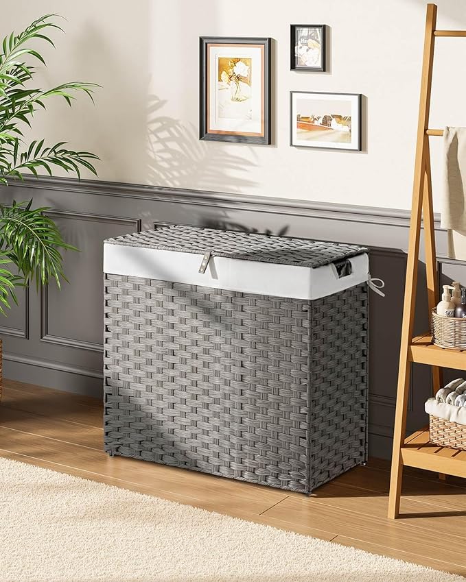 Greenstell Laundry Hamper with lid, No Install Needed, 130L Wicker Laundry Baskets Foldable 2 Removable Liner Bags, 2 Section Clothes Hamper Handwoven Rattan Laundry Basket with Handles, Gray