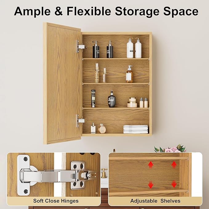 20x28 Inch Wooden Medicine Cabinet with Mirror, Surface or Recessed Mounted Bathroom Cabinets with Door, Adjustable Tempered Glass Shelves, Soft-Close Hinge, Wall Storage, Oak Wood Frame