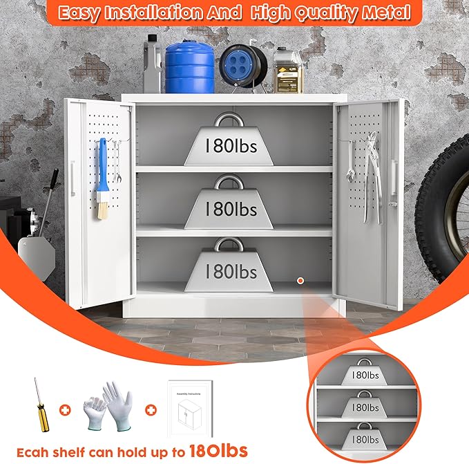 Metal Storage Cabinets with Pegboards and Hooks, 31.5" H Metal Garage Cabinets with Locking Doors and 2 Adjustable Shelves for Home,Office,Garage,School,Assembly Required,White