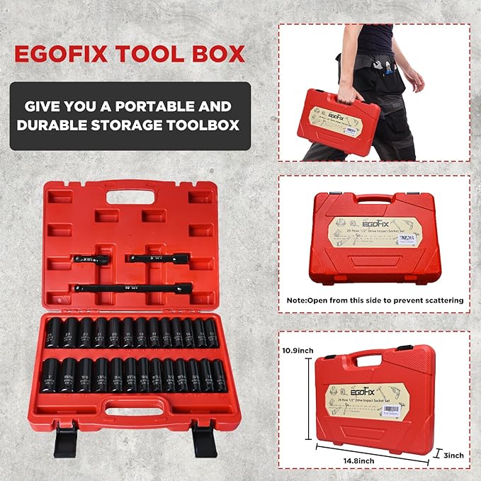 29 Pieces 1/2" Socket Set, Drive Deep Impact Socket Set with 3", 5", 10" Extension Bars, 6 Point SAE and Metric (3/8"-1", 10mm-24mm), Cr-V Steel