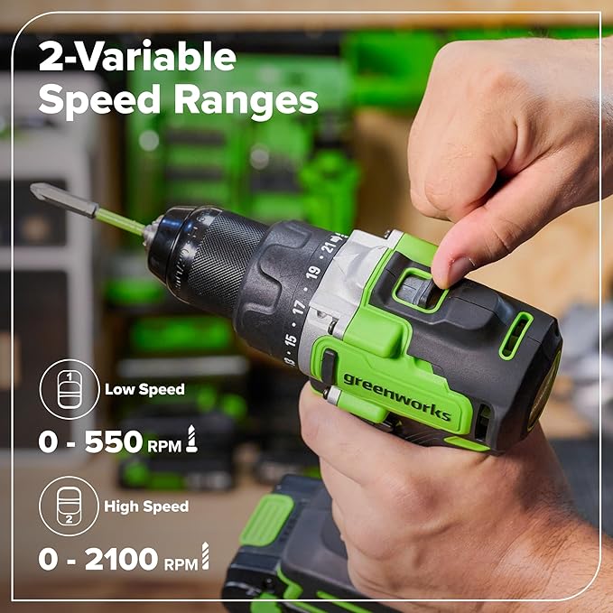 Greenworks 24V Cordless Brushless 800 in-lbs Drill/Driver, Professional Grade,21 Clutch, 4.0Ah USB-C Battery (24,000mAh Power Bank),65W USB-C Fast Charger(3-Port) and USB C to USB C Cable(3.3FT)