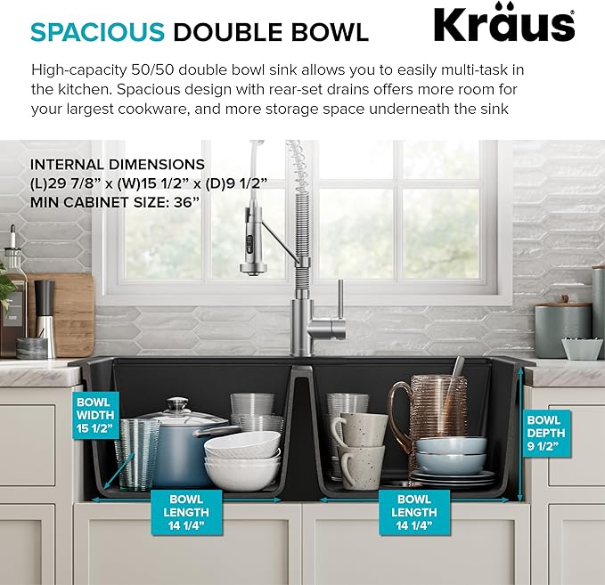 KRAUS Quarza 33-inch Drop-In/Undermount 50/50 Double Bowl Granite Kitchen Sink in Black Onyx, KGD-433B