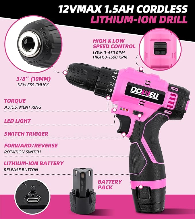 DOWELL 147 Pcs Pink Tool Kit with 12V Cordless Drill with 3/8" Keyless Chuck for Women, Home, Men, Built-in LED, Type-C Charge Cable