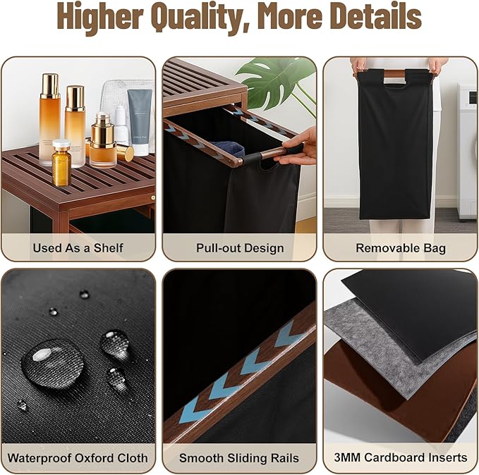 Bamboo Laundry Hamper 3 Section with Lid, 150 L Laundry Sorter with Pull-Out Removable Washable Bags, 3 × 12.5 Gal Divided Laundry Baskets for Laundry Room, Bathroom (Black)