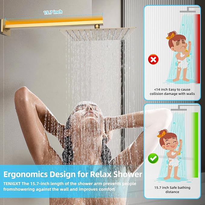 Bathroom Shower Faucet Set，10 Inch Rain Shower Head with Handheld Spray，Brass Shower Valve Trim Kit，Wall Mounted Square Rain Shower System (Brushed Gold)