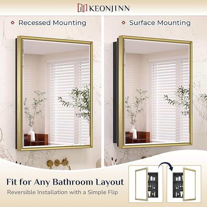 Keonjinn 17" x 25" Gold Medicine Cabinets for Bathroom with Mirror, Recessed or Surface Wall-Mounted Aluminum Alloy Framed Beveled Mirror, Single Door Metal Bathroom Vanity Mirror with Storage Cabinet