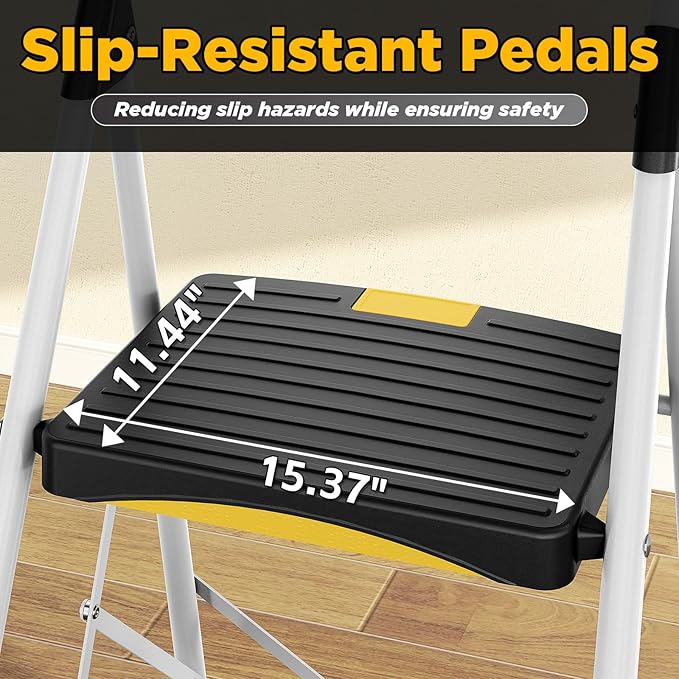 2 Step Ladder, Folding Steel Step Stool with Safety Lock, Anti-Slip Wide Pedals, Pass 800lbs Load Testing, Handrail, Heavy Duty Portable Ladder for Multi-Purpose, Indoor, Office, Kitchen