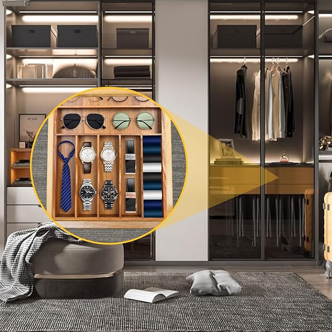 Kitchen Acacia Silverware Organizer - Extra Deep Grooved Drawer Divider, 7 Slot Utensil Organizer