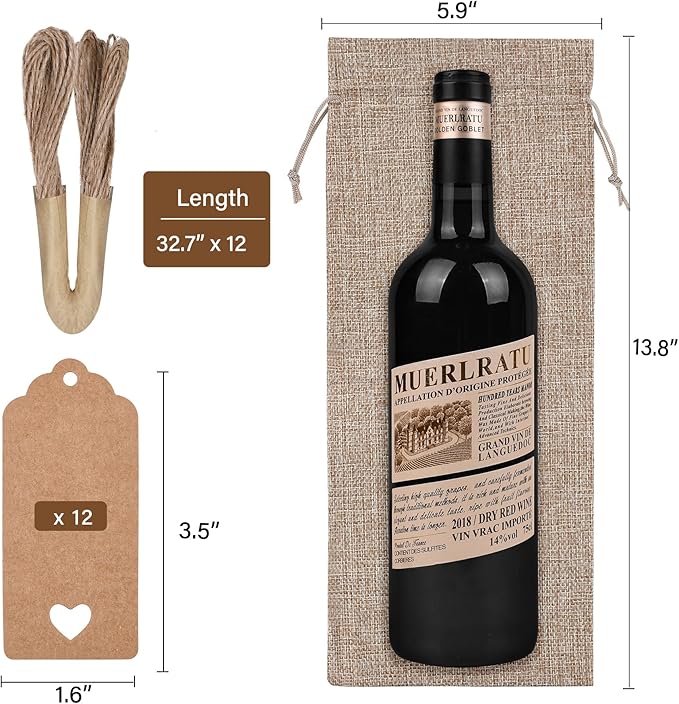 EVRWO Burlap Wine Bags 12 Pcs Wine Bottle Gift Bags Reusable Gift Bags With Drawstrings Tags & Ropes for Holiday Weedings Party, Birthdays, Travel, Blind Tastings, Home Storage 750ml (Natural)