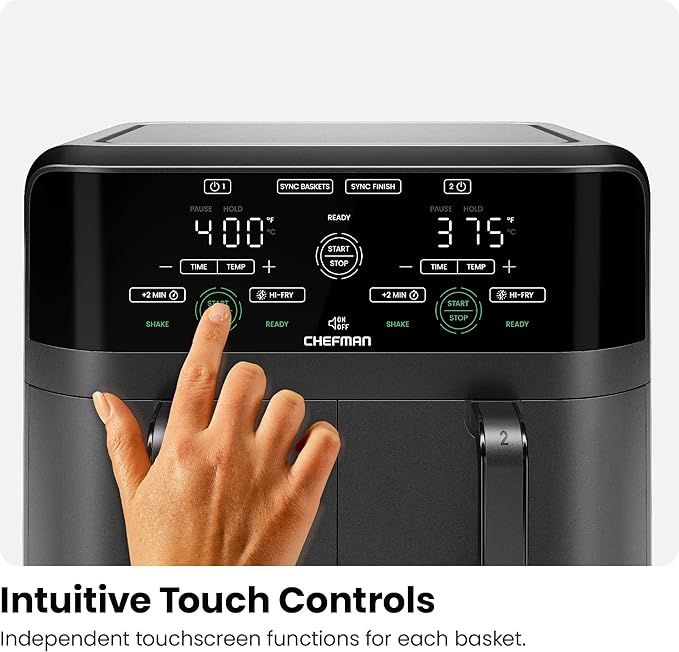 Chefman 6 Quart Dual Basket Air Fryer - Digital Touchscreen, Smart Sync Finish, Hi-Fry, Auto Shutoff, 2 Independent 3QT Nonstick Dishwasher-Safe Frying Baskets - Digital Double Air Fryer - Black