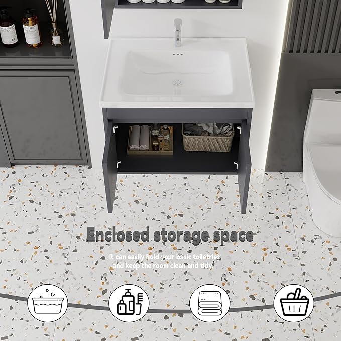 28'' Bathroom Vanity with Ceramic Sink Combo, Wall Mounted Small Bathroom Vanity with Soft-Close Door Modern Floating Cabinet, Pop-up Drain, P-Trap Included, Gray(No Faucet)