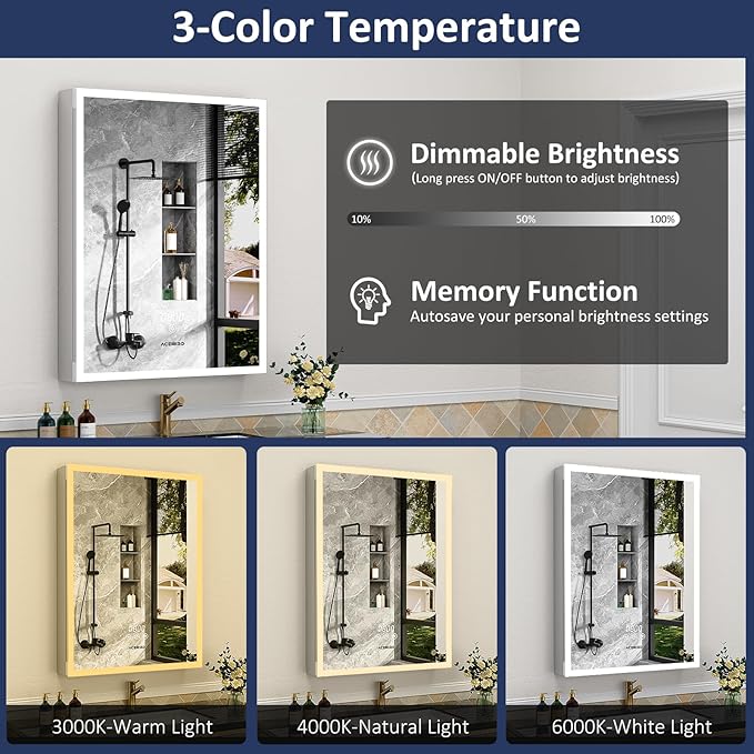 Medicine Cabinet With Lights, 2432 Inch Surface or Recessed, Mirror, 3 Color Dimmable, Defogger, Clock & Temp, Outlet & USB, Door Left Open