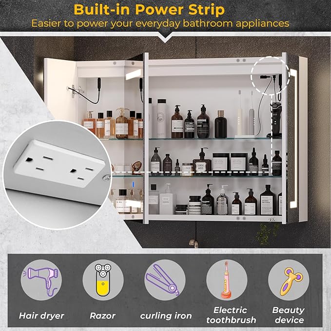 Hasuit Lighted Medicine Cabinet with Mirror, Wall Mounted Bathroom Mirror with Storage, 3 Doors Bathroom Wall Cabinet with LED Lights, 39.4'' x 23.6''