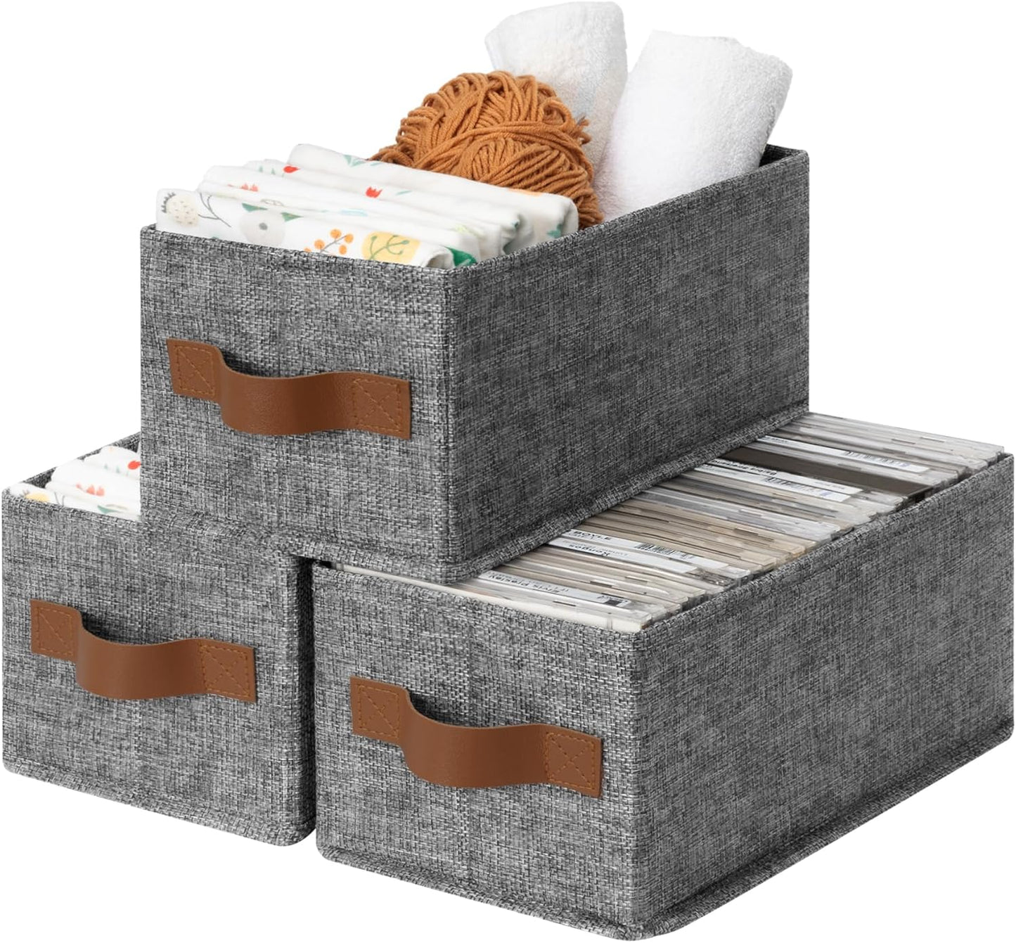 GRANNY SAYS Small Fabric Storage Bins with PU Handles, Storage Baskets for Shelves, Toilet Paper Storage, Narrow Baskets for Organizing DVD, Photos, Clothes, Diaper, Sock, Cd, 3-Pack, Gray