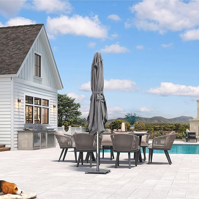 PURPLE LEAF 6 X 10 FT Semi-Auto Outdoor Patio Umbrella Market Table Sun Umbrellas with 6 Aluminum Sturdy Ribs for Backyard Deck Garden Pool (Silver Pole Gray Canopy)