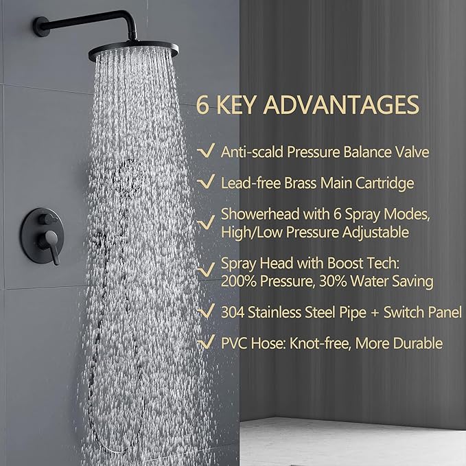 Matte Black Shower Faucet Set, Wall Mount Rain Shower System 10 Inches Shower Head and Shower Handheld, Included Pressure Balance Valve and Trim Kit