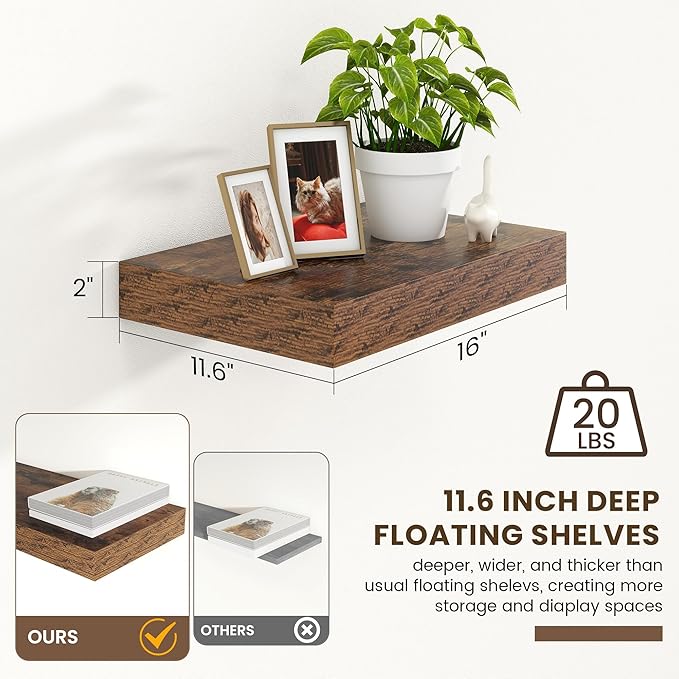 Deep Floating Shelves for Wall | 16 Inch Wide x 12 Inch Deep Floating Shelves Set of 2 | Rustic Wood Wide Wall Shelves | Bookshelf Laundry Shelf TV Shelf