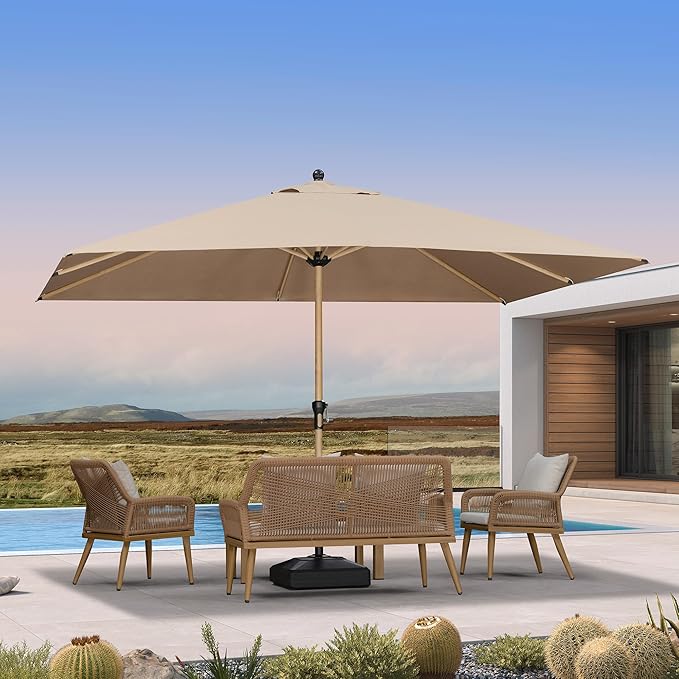PURPLE LEAF 9' x 11.5' Patio Umbrella Outdoor Table Umbrella Rectangular Aluminum Market Umbrella with 8 Sturdy Ribs & Crank Outdoor Umbrellas for Garden Deck Patio, Taupe