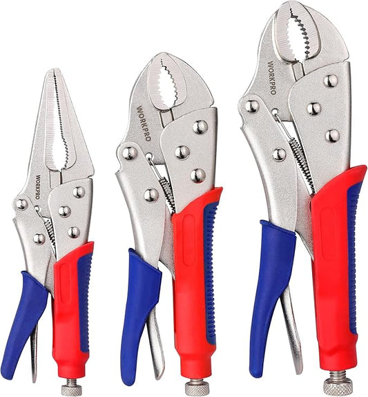 Workpro 3-piece Jaw Locking Pliers (10 Inch Curved Jaw, 7 Inch Curved Jaw, 6-1/2 Inch Straight Jaw)