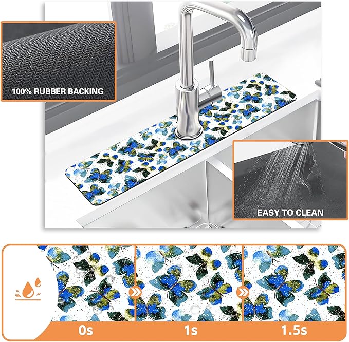 Kitchen Faucet Mat Colorful Butterfly Animals Kitchen Sink Splash Guard Faucet Mat,1 PC Splash Guard Behind Faucet Drip Catcher for Kitchen,Dish Drying Mat,Bathroom Faucet Mat 23.5""X5.5""