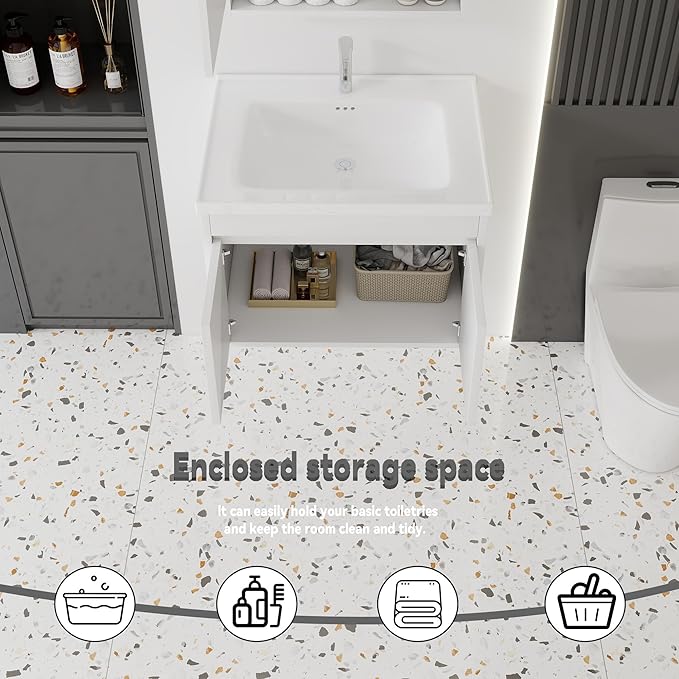 28'' Bathroom Vanity with Ceramic Sink Combo, Wall Mounted Small Bathroom Vanity with Soft-Close Door Modern Floating Cabinet, Pop-up Drain, P-Trap Included, White(No Faucet)