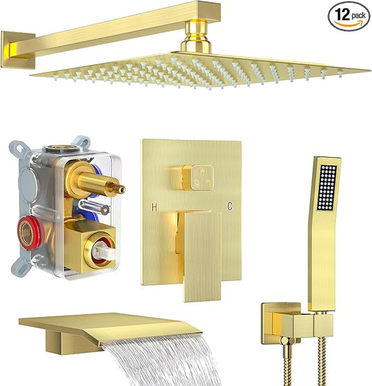 Shower System with Tub Spout, Shower Faucet Set with 12 Inch Rain Showerhead Handheld Shower Tub Spout, Wall Mounted High-Pressure Showerhead Combo Set Included Valve and Trim, Brushed Gold