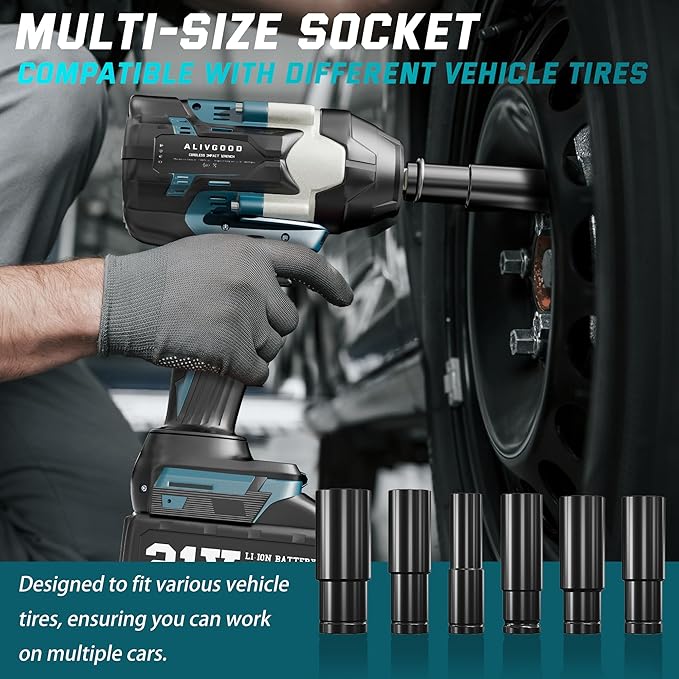 Upgrade 1000N.m (740ft-lbs) Cordless Impact Wrench, 2x 5.0AH Battery Impact Gun, 1/2 Inch Impact Wrench, Power Impact Wrenches for Duty Truck RV Mower 6 Sockets(14mm,17mm,18mm,19mm,21mm,22mm)