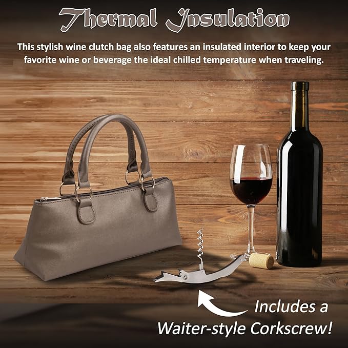 Wine Clutch Bag (Thermal Insulated) Trendy Women’s Carry Tote | Holds Red & White 750mL Bottles | Trendy Fashion | Incl. Portable Waiter-Style Corkscrew