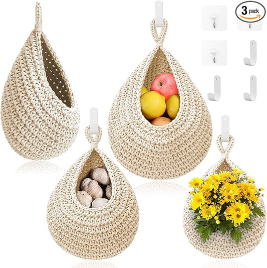 Hanging Fruit Baskets for Kitchen - 3 Pack Boho Wall Hanging Basket with 6 Pcs Strong Hooks, Handwoven Onion Storage Teardrop Home Onion Basket for Fruits Vegetable Potato Kitchen Storage (White)
