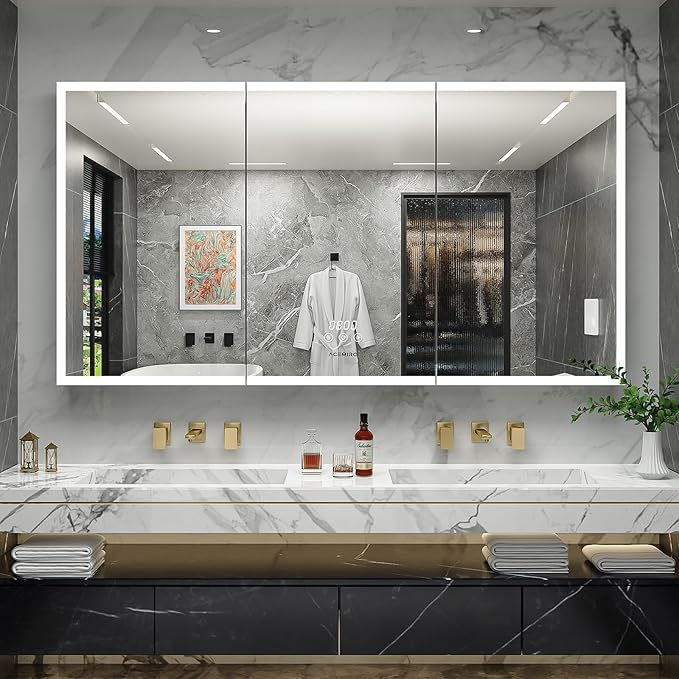 60"×32" Lighted Bathroom Medicine Cabinet with Mirror, Recessed Medicine Cabinet Mirror with Lights, Three Door LED Bathroom Mirror with Outlet & Clock, Dimming, Defogger, Memory Function